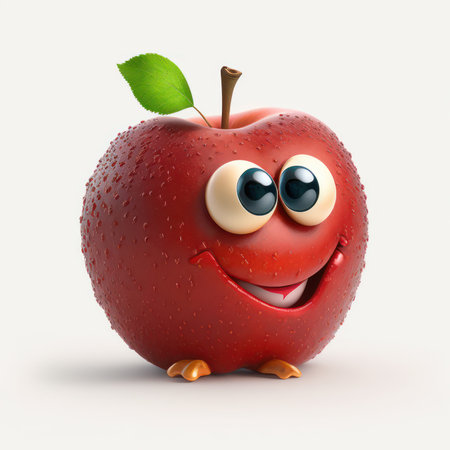 Smiling red apple with green leaf isolated on white background. 3d illustrationの素材