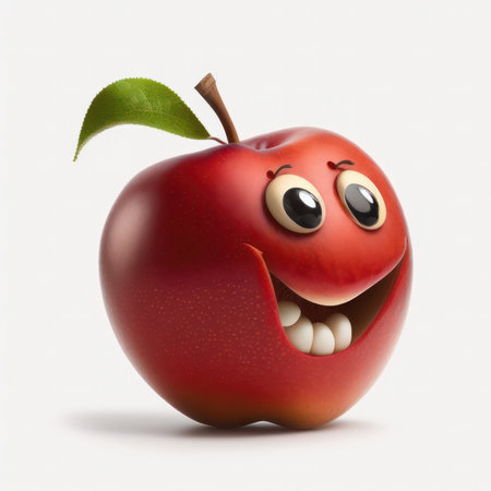 Smiling red apple with green leaf on white background, 3d illustrationの素材