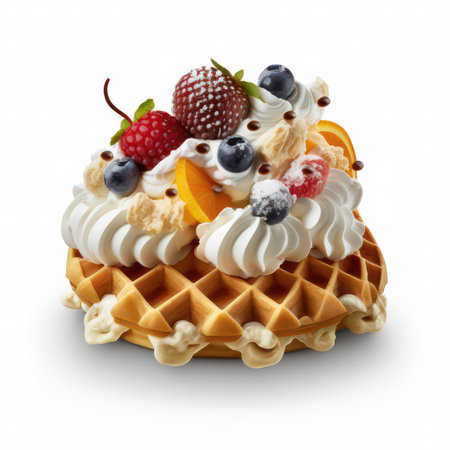 Waffle with whipped cream and berries on a white background. 3d illustrationの素材