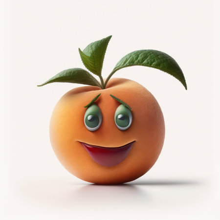 Smiling apricot with green leaf on white background. 3d illustrationの素材
