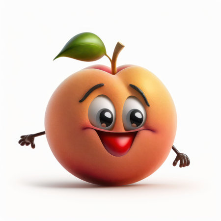 Cartoon character of peach with green leaf isolated on white background.の素材
