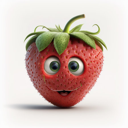 Funny strawberry with eyes and mouth on white background. 3d illustrationの素材