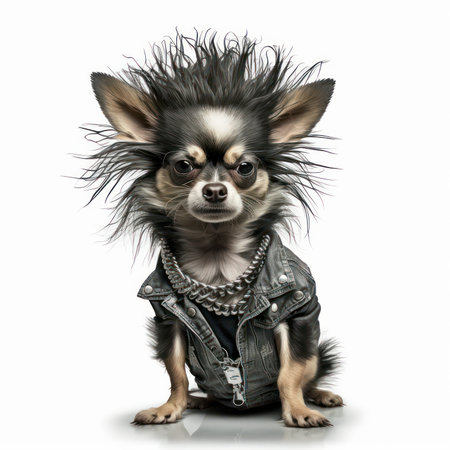 Chihuahua in leather jacket on white background. Studio shot.の素材