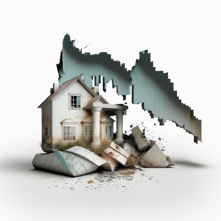 Broken house with falling down graph on white background. 3d illustrationの素材