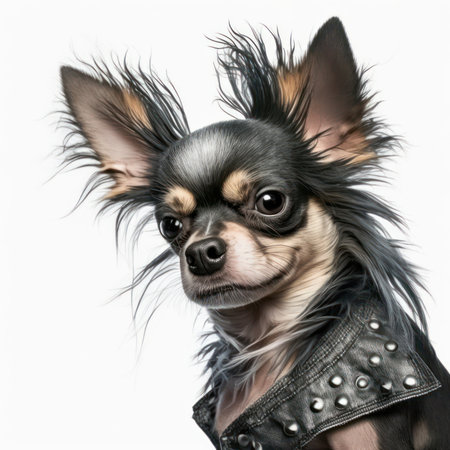 Close-up portrait of a cute chihuahua wearing leather jacketの素材