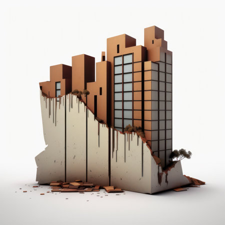 Highly rendering of a building damaged by a earthquake on white backgroundの素材