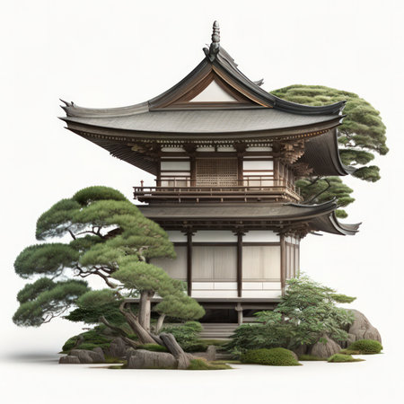 3D Illustration of a Japanese Traditional House with Bonsai Treesの素材