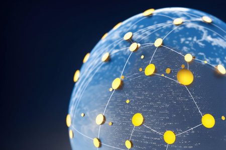Globe with glowing dots and lines on dark blue background. 3d renderingの素材