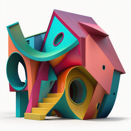 House made of colorful geometric shapes on white background. 3D illustration.の素材