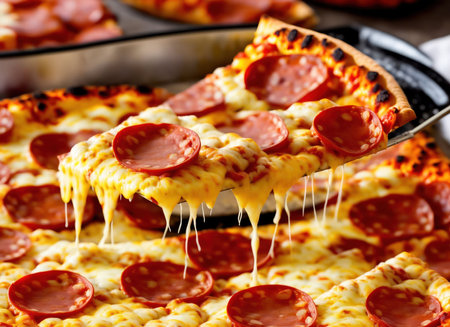 Pizza with salami and mozzarella cheese on a wooden backgroundの素材