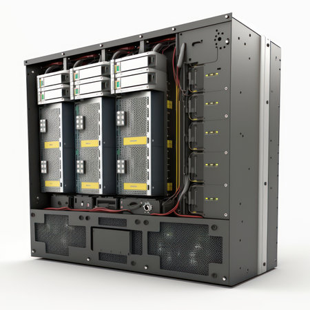 3D render of a server rack with hard drives isolated on white backgroundの素材