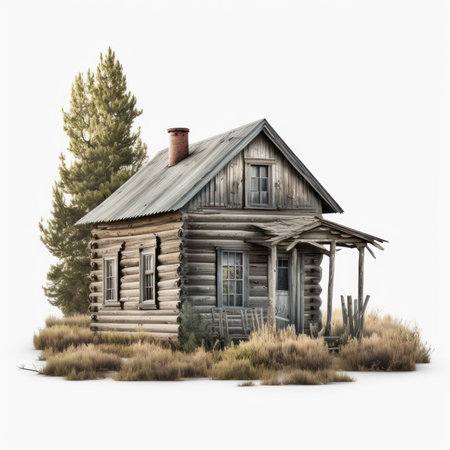 Old abandoned wooden house isolated on white background. 3D illustration.の素材