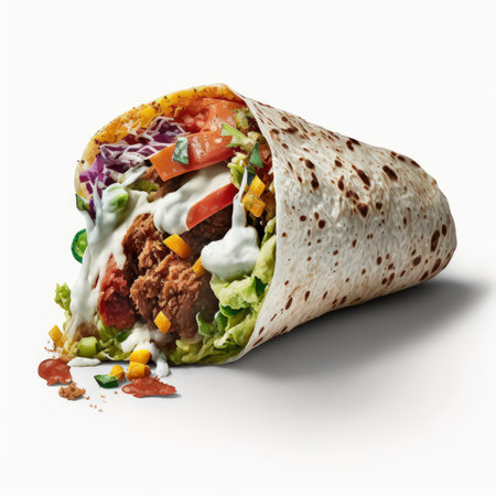 Tortilla wrap with meat and vegetables isolated on white background.の素材