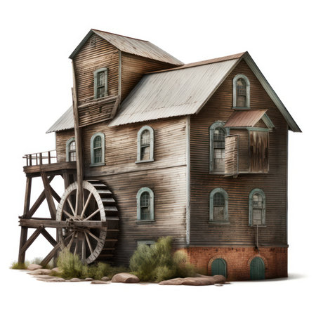 3d render of an old wooden watermill isolated on white backgroundの素材