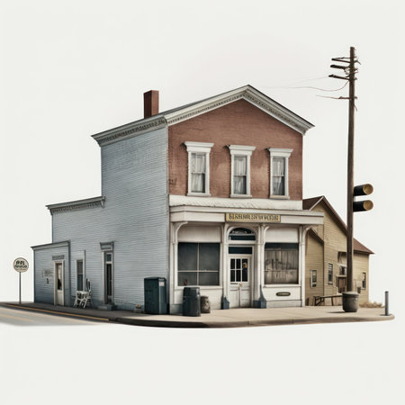 3d illustration of a building with a gas station in the backgroundの素材