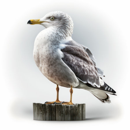 Seagull standing on wooden post isolated on white background. 3d illustrationの素材