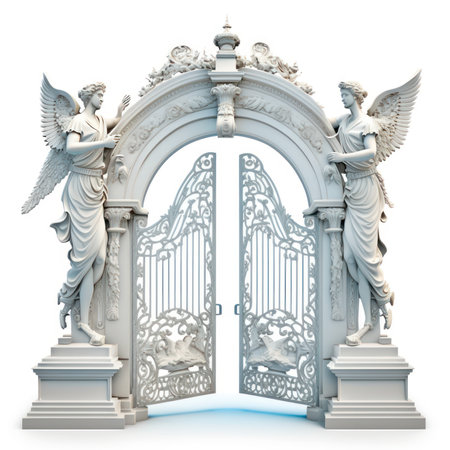 Victorian gate with angels on a white background. 3d renderingの素材
