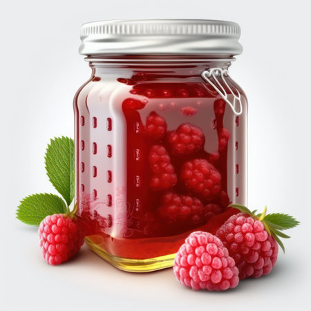 Raspberry jam in glass jar with fresh raspberries on white backgroundの素材