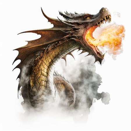 dragon with fire and smoke isolated on white background. 3d illustrationの素材
