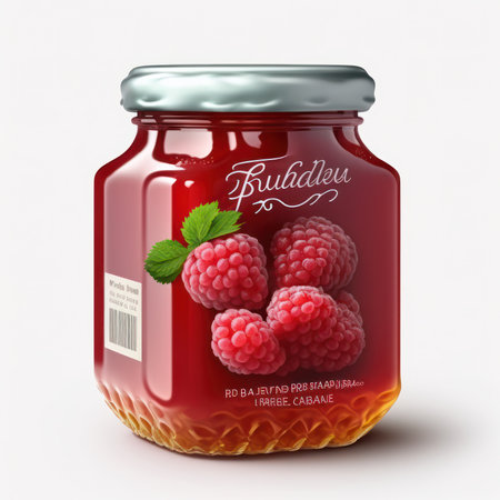 Raspberry jam in glass jar on white background. 3d illustrationの素材
