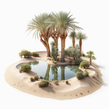 Desert landscape with palm trees and pond. 3d render illustrationの素材