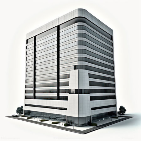 Modern office building on a white background. 3d render illustration.の素材
