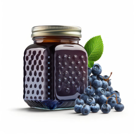 Blueberry jam in glass jar and blueberries isolated on white backgroundの素材