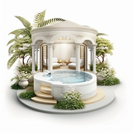 3d render of gazebo with fountain on white backgroundの素材