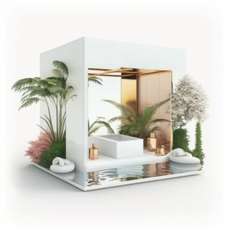 3d render of a modern bathroom with a bathtub and a palm treeの素材