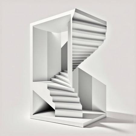 Abstract white stairs on a gray background. 3d rendering. Computer digital drawing.の素材