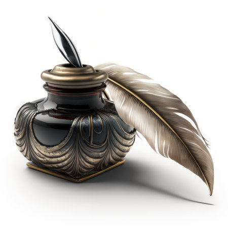 Feather pen and inkwell on white background. 3D illustrationの素材