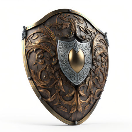 Medieval shield isolated on white background. 3d render illustration.の素材