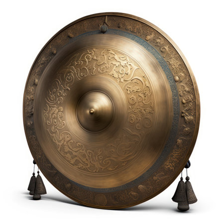 Ancient gong isolated on white background. 3D illustration. Clipping Pathの素材