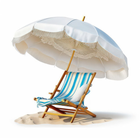 Beach chair and umbrella isolated on white background. 3d rendering.の素材