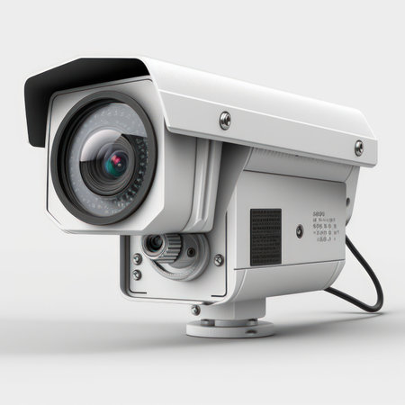 3d rendering of video surveillance camera on white background with soft shadowの素材