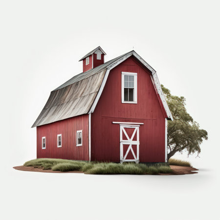 Red barn isolated on a white background. 3d render illustration.の素材