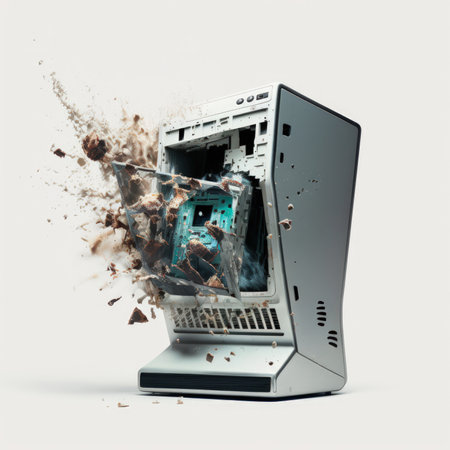 Computer monitor exploding out of the screen isolated on a white background.の素材