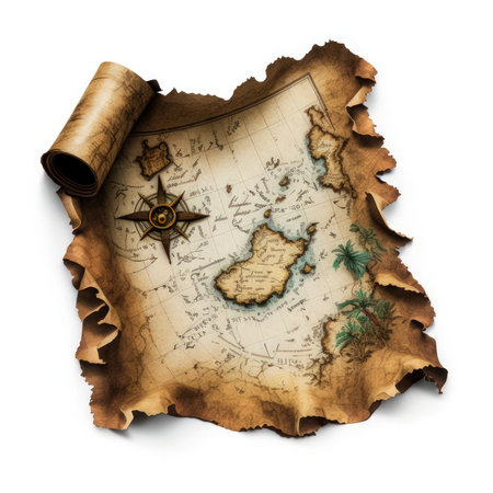 Old paper map with a compass and palm tree isolated on white backgroundの素材