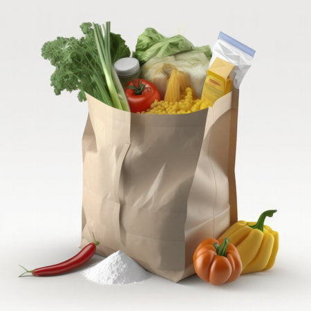 Paper bag full of food, isolated on white background. 3d illustrationの素材