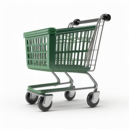 Shopping cart isolated on white background. 3d rendering. Green shopping cartの素材