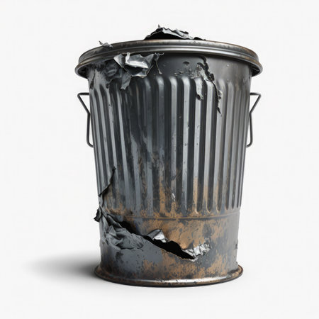 3D render of a rusty trash can on white background with shadowの素材