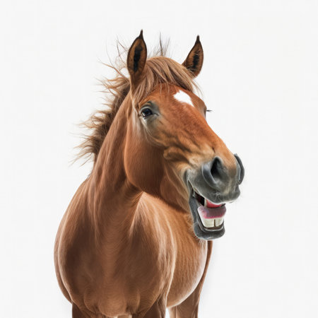 Portrait of a chestnut horse on white background. Side viewの素材