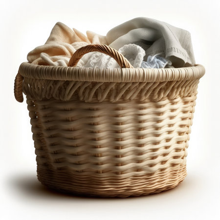 Wicker basket with a pile of dirty clothes on a white backgroundの素材