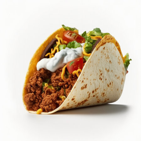 Tacos with chicken and vegetables isolated on a white background.の素材