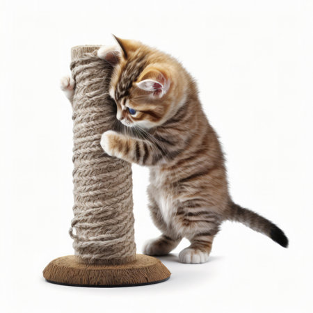 Cute tabby kitten plays with a thread isolated on white backgroundの素材