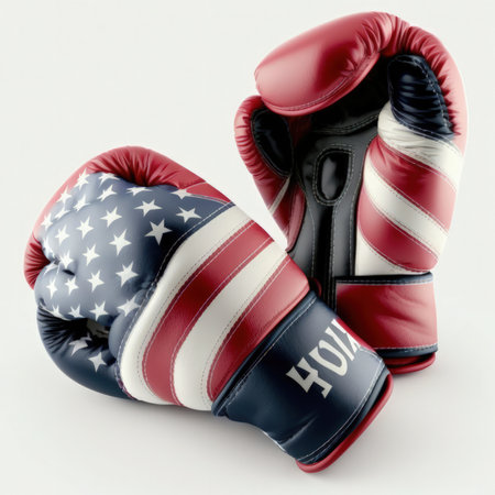 Boxing gloves with USA flag on white background. 3D illustration.の素材