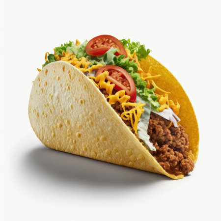 Taco with meat and vegetables isolated on white background. 3d illustrationの素材