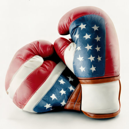 Pair of boxing gloves with the American flag on a white backgroundの素材