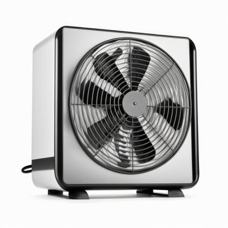 Modern electric fan isolated on white background. 3d render illustration.の素材