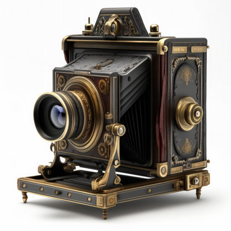 Vintage camera isolated on white background. 3D illustration. Vintage style.の素材